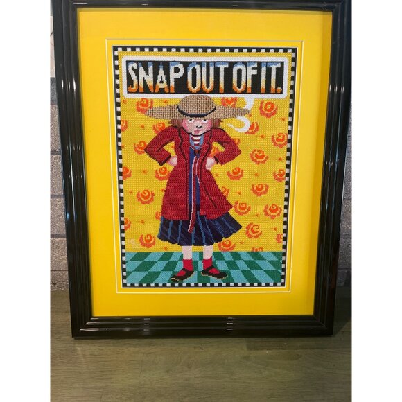 Mary Engelbreit Framed Needlepoint Art "Snap Out Of It" Woman In Red Coat & Hat - Picture 13 of 13